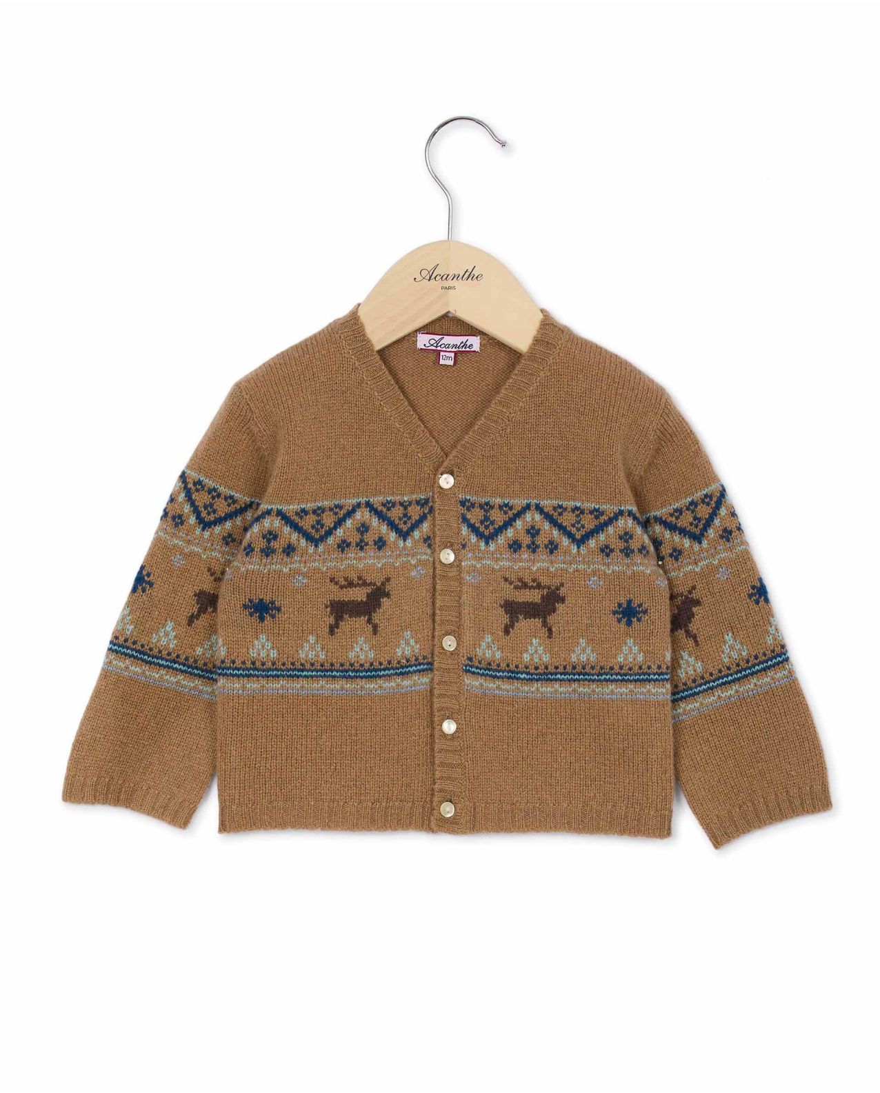 Cardigan col V jacquard camel 100% lambswool