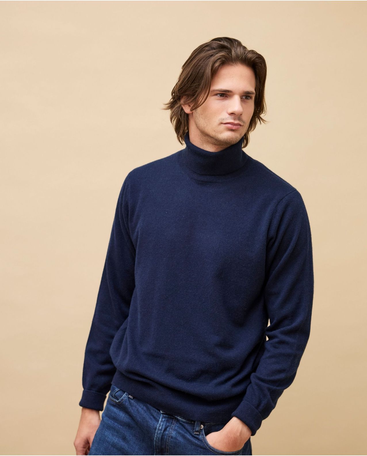 Pull col roulé marine 100% cachemire