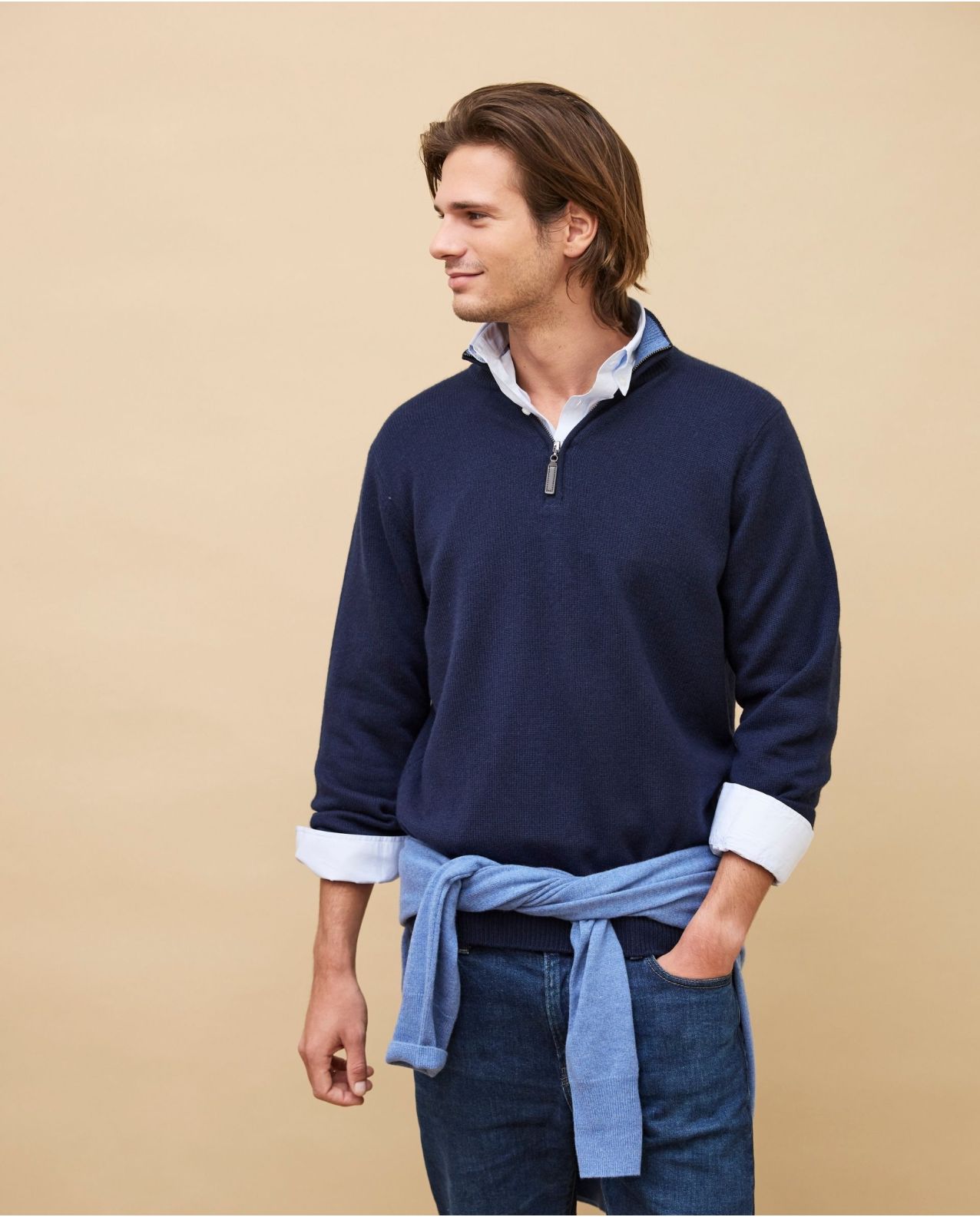 Pull col camionneur zippé jauge 7 marine 100% cachemire