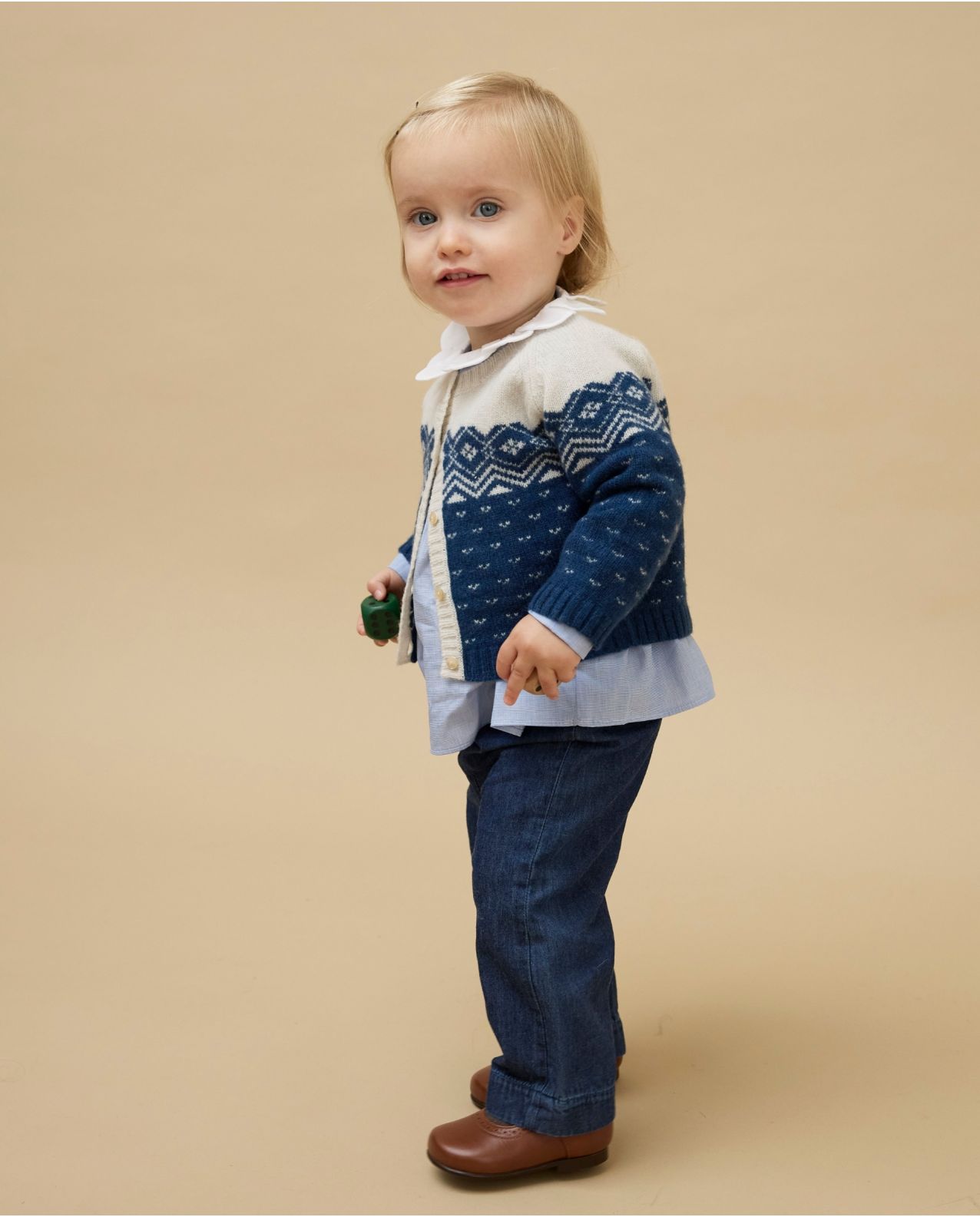 Cardigan col rond jacquard marine clair 100% lambswool