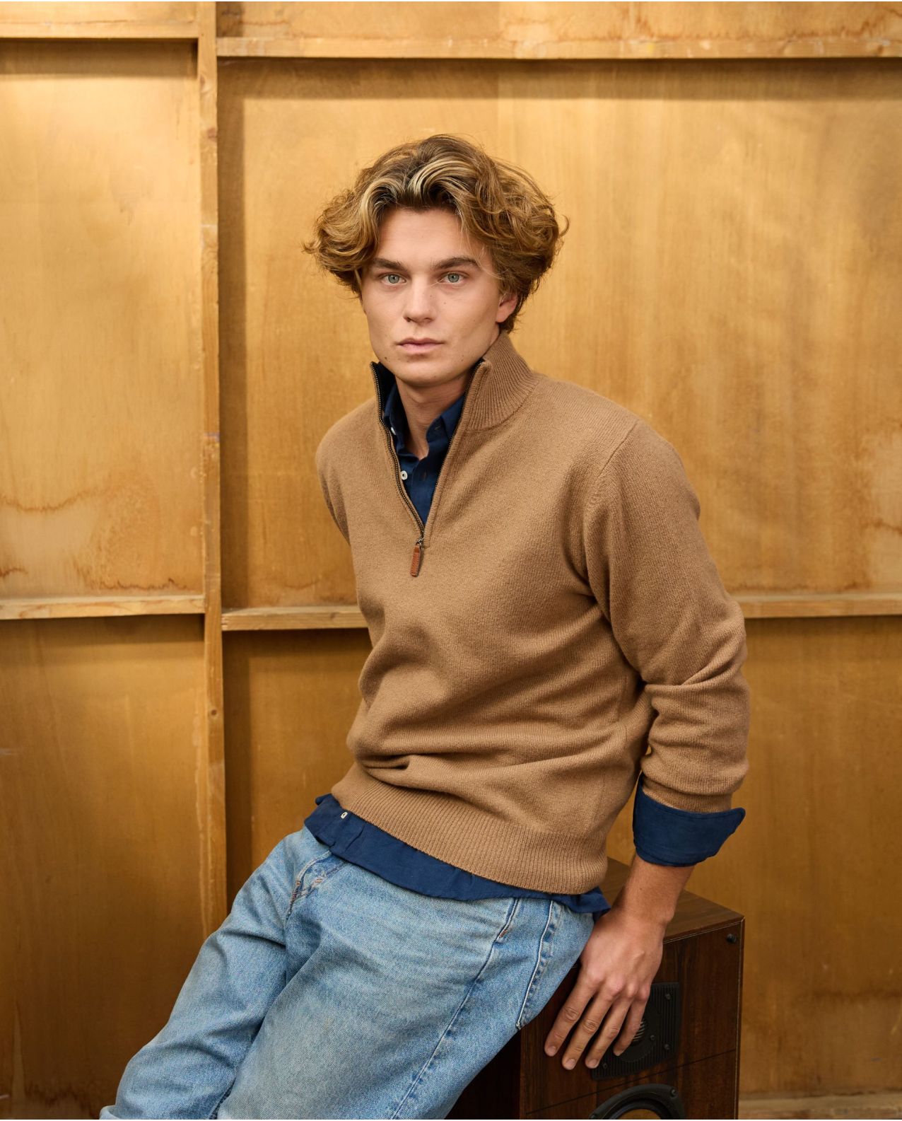 Pull col zippé camel 100% lambswool