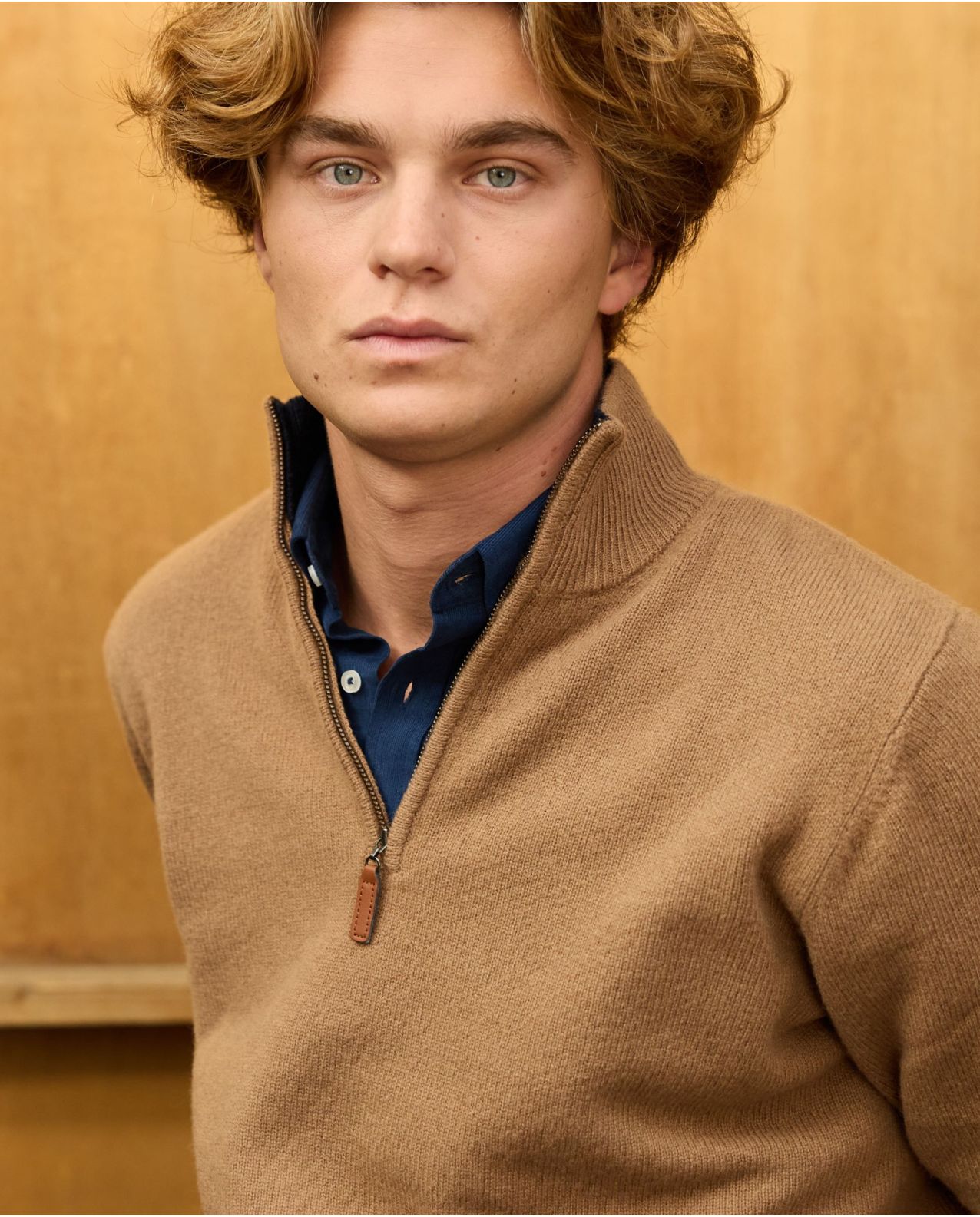 Pull col zippé camel 100% lambswool