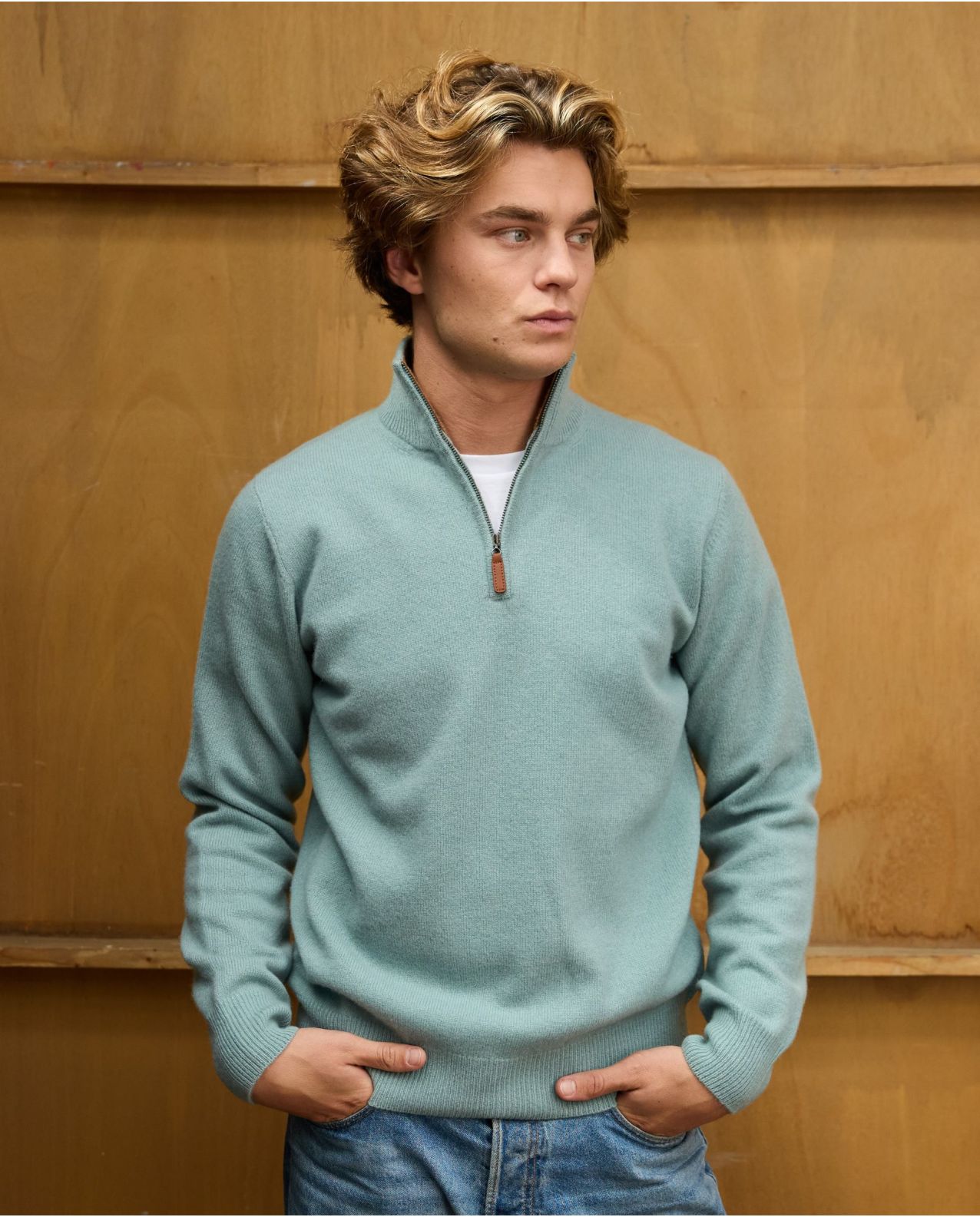 Pull col zippé vert d'eau 100% lambswool