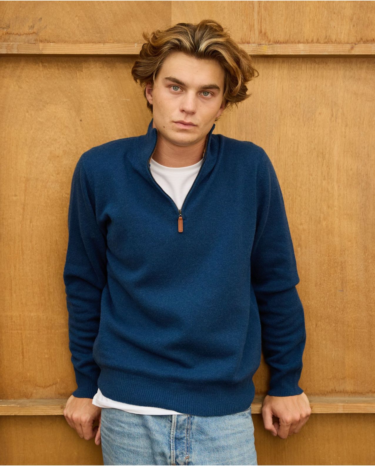 Pull col zippé marine clair 100% lambswool