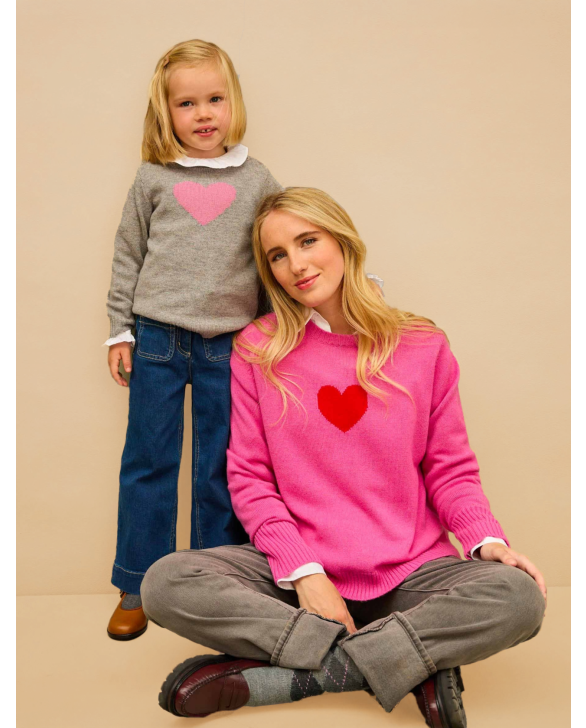 Pull col rond jacquard coeur rose 100% cachemire