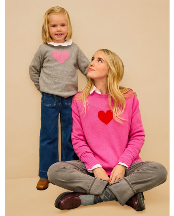 Pull col rond jacquard coeur rose 100% cachemire