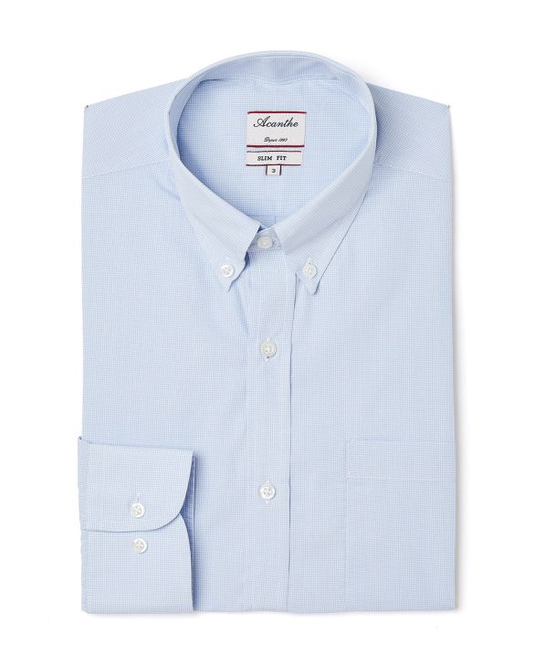 Chemise ajustée col boutonné microvichy ciel