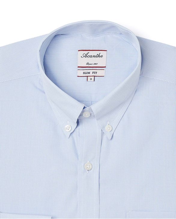 Chemise ajustée col boutonné microvichy ciel