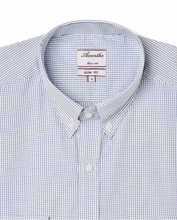 Chemise ajustée col boutonné petit carreau bleu
