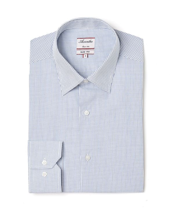 Chemise ajustée col italien carreaux bleu