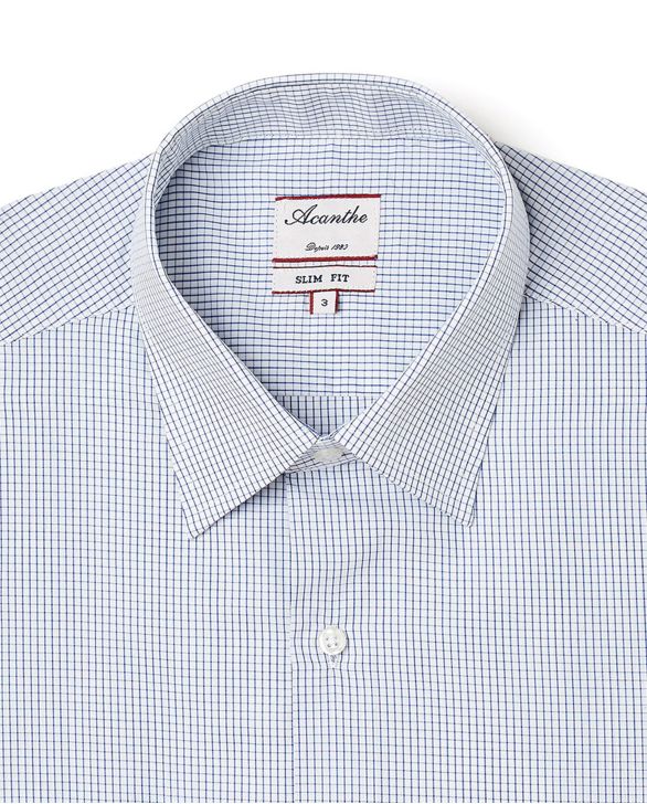 Chemise ajustée col italien carreaux bleu