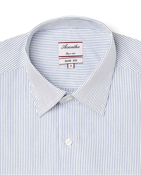 Chemise ajustée col italien fines rayures bleu