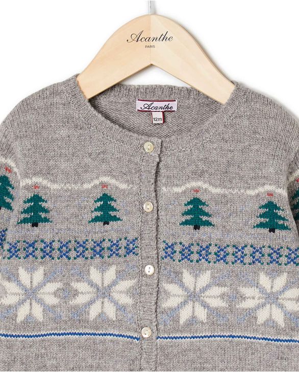 Cardigan col rond jacquard gris 100% lambswool