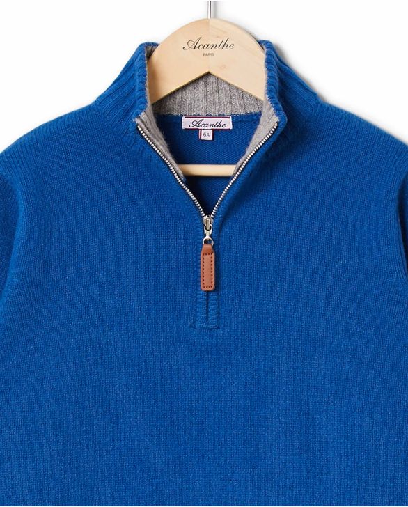 Pull col zippé bleu 100% lambswool 12a-14a