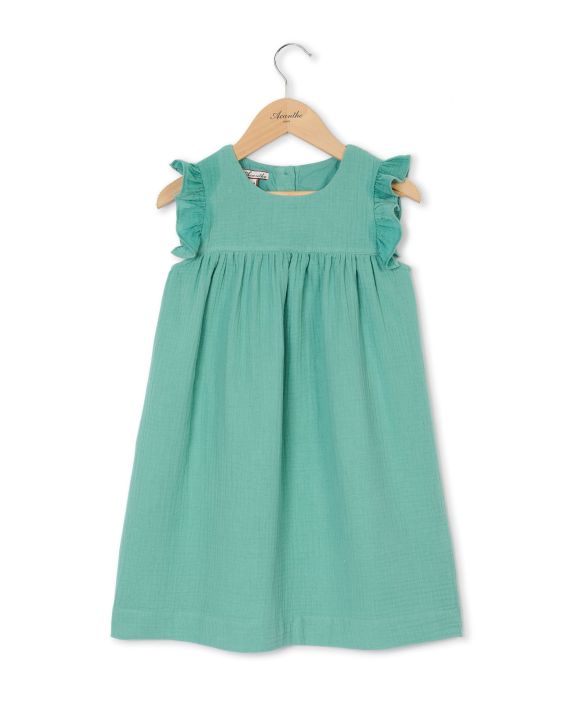Robe volant épaule gaze de coton aqua