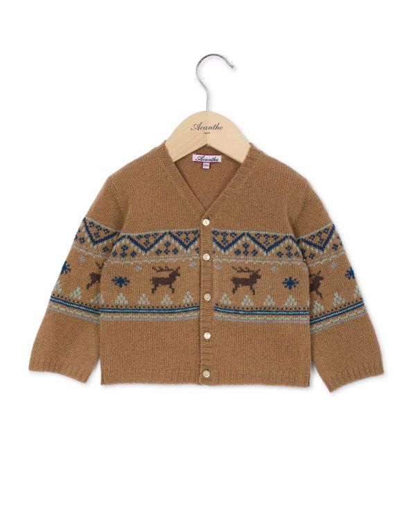 Cardigan col V jacquard camel 100% lambswool