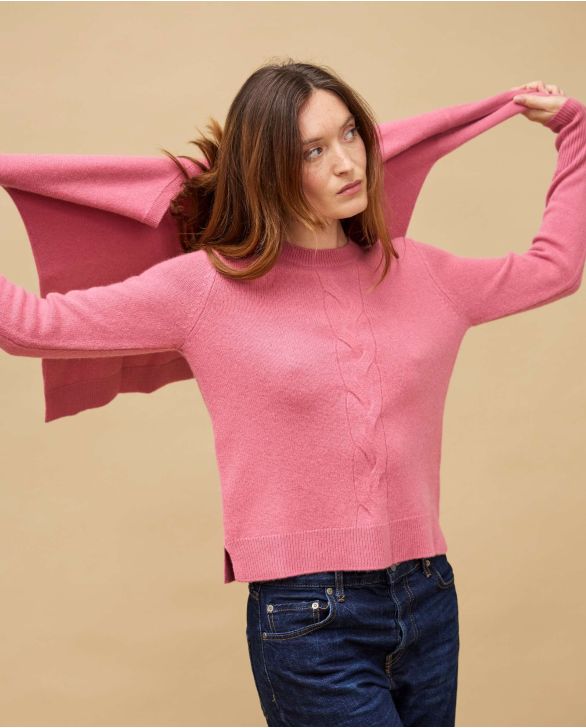 Pull court torsade vieux rose 100% cachemire