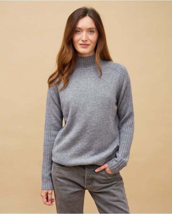 Pull col montant côtes gris moyen 100% cachemire 