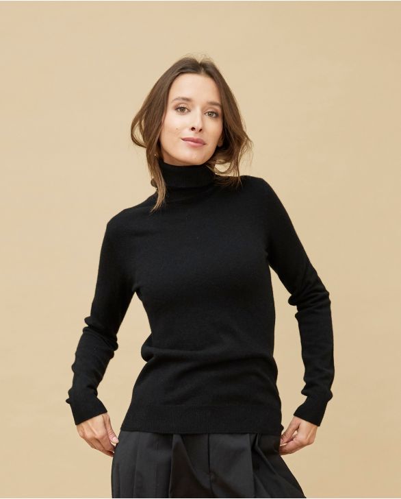 Pull col roulé noir 100% cachemire