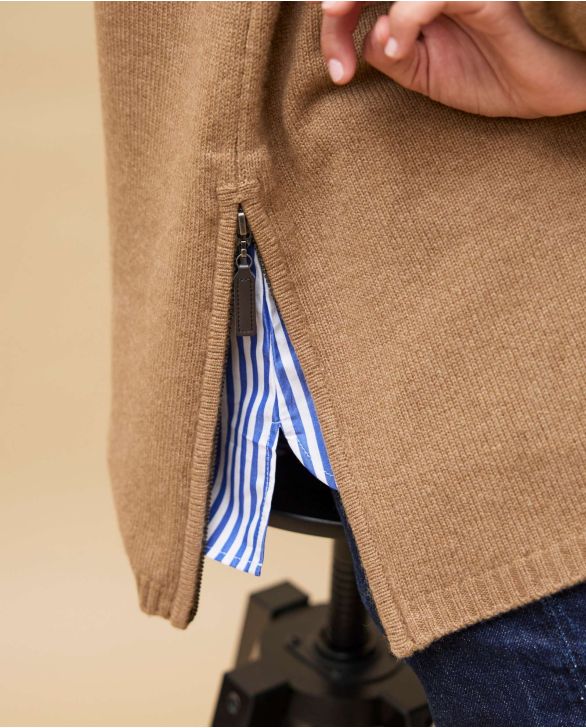 Pull zips côtés camel 100% cachemire