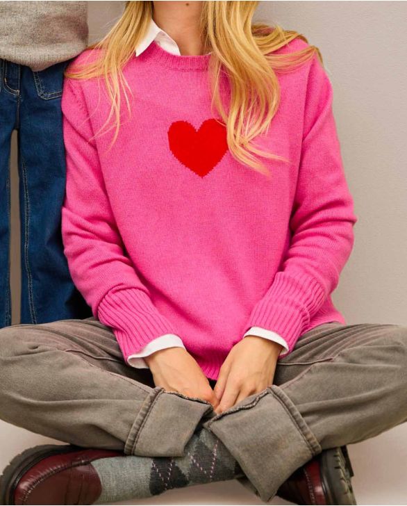 Pull col rond jacquard coeur rose 100% cachemire