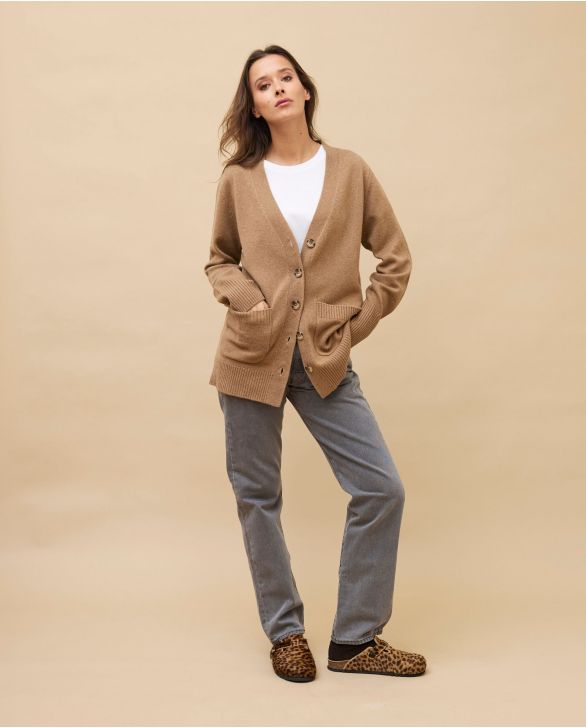 Cardigan V camel 100% cachemire 