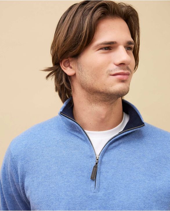 Pull col zippé bleu chiné 100% cachemire