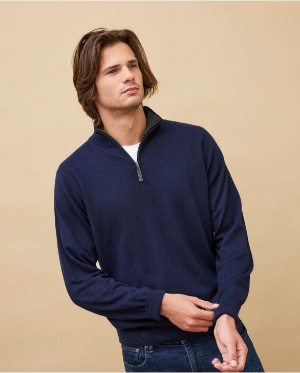 Pull col zippé marine 100% cachemire
