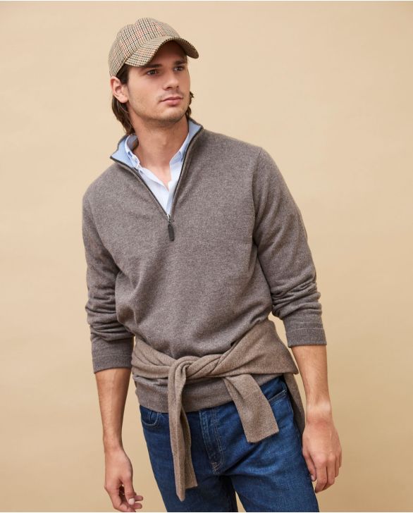 Pull col zippé taupe 100% cachemire