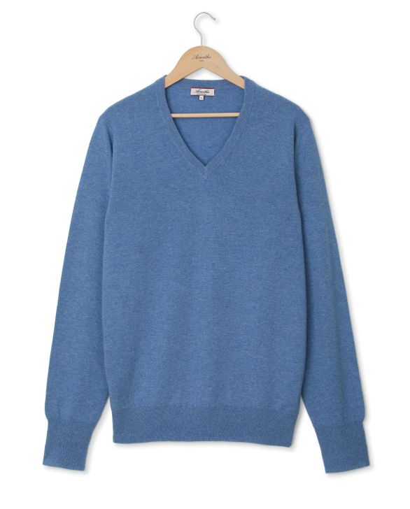 Pull col V bleu chiné 100% cachemire
