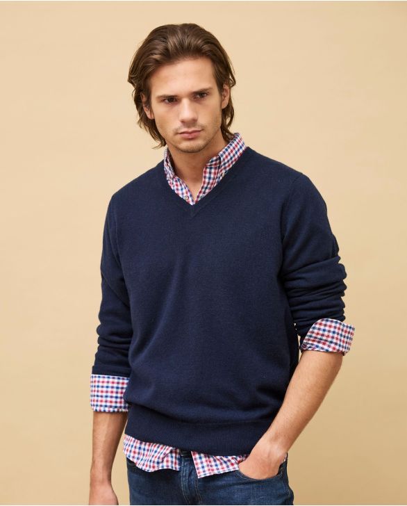Pull col V marine 100% cachemire