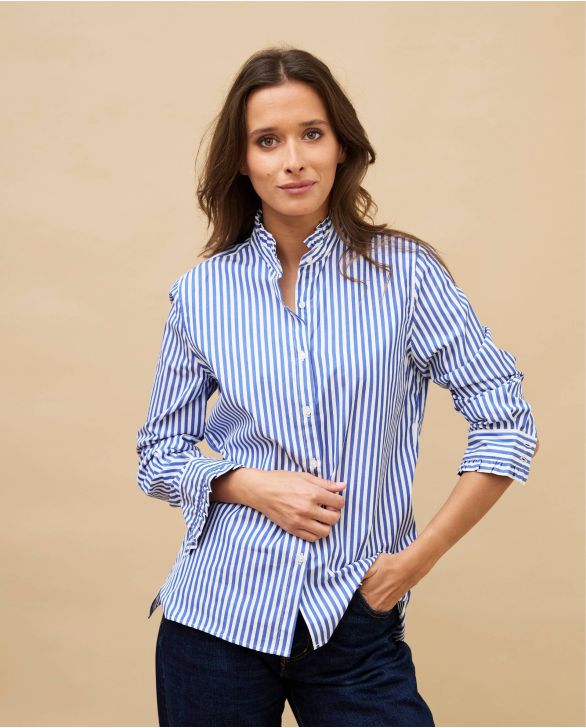 Chemisier col et poignets à volants large rayure bleue