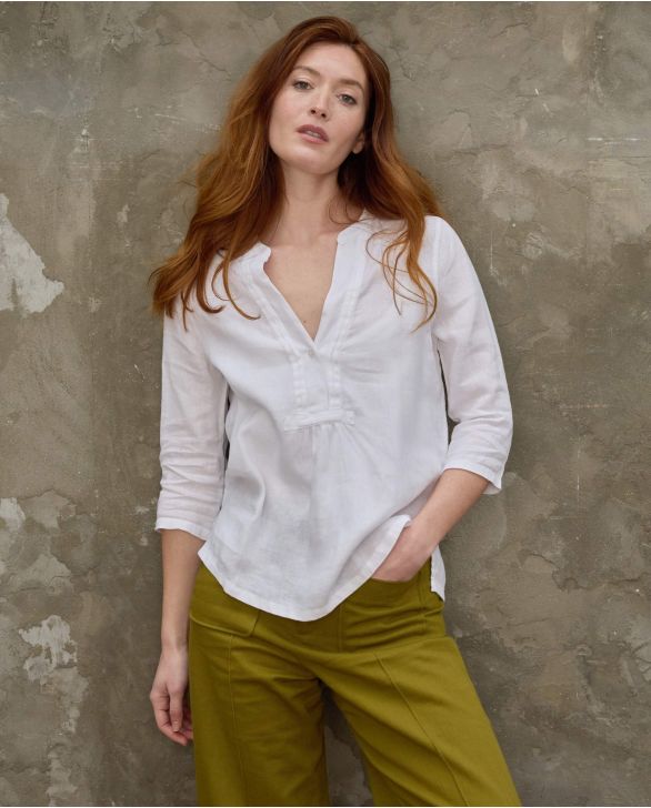 Blouse encolure V croisée lin blanc