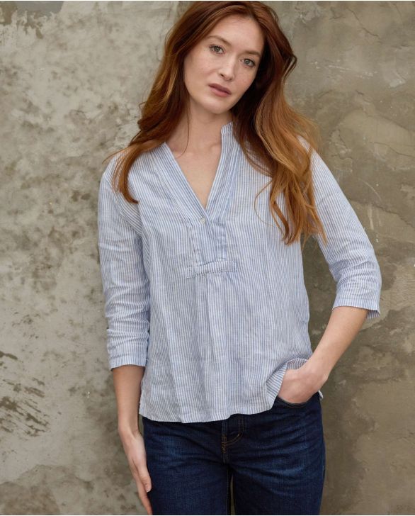 Blouse encolure V croisée lin rayure ciel