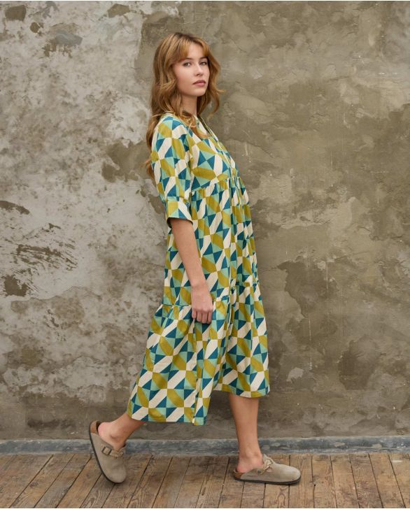 Robe mi-longue col rond imprimé géométrique vert