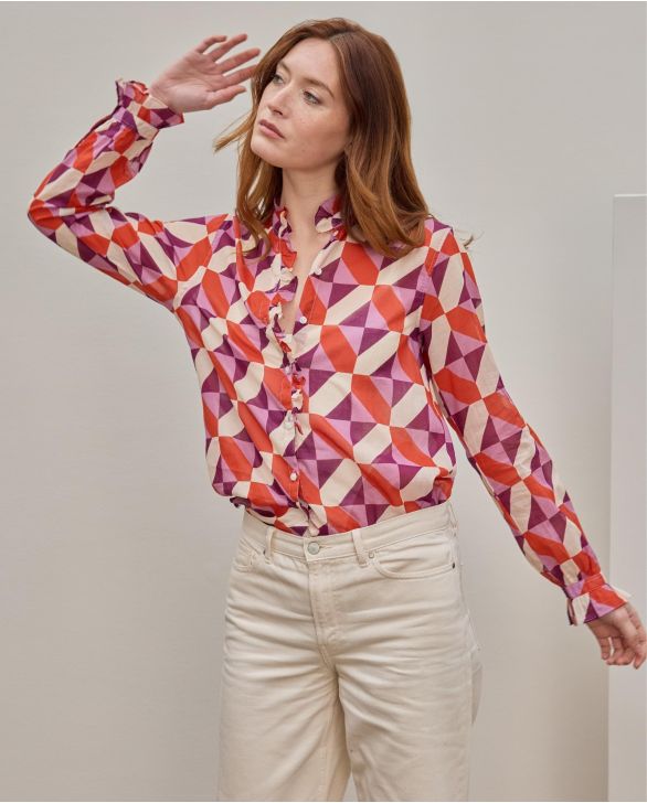 Chemisier col et boutonnière à volants imprimé géométrique violet