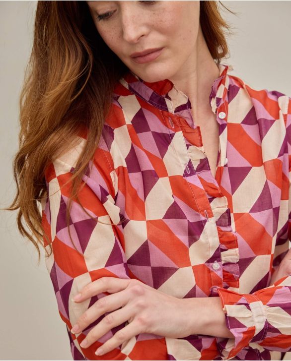Chemisier col et boutonnière à volants imprimé géométrique violet