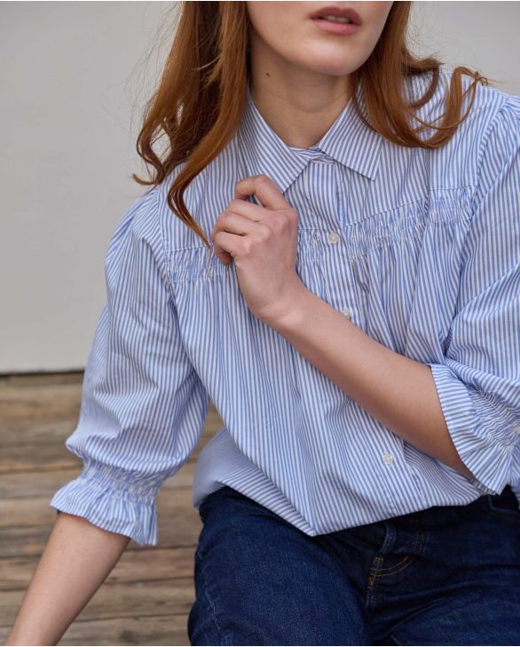 Blouse manches ballon et smocks rayure ciel