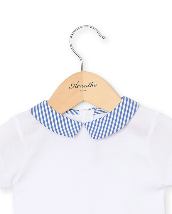 Body blanc col carré rayé bleu