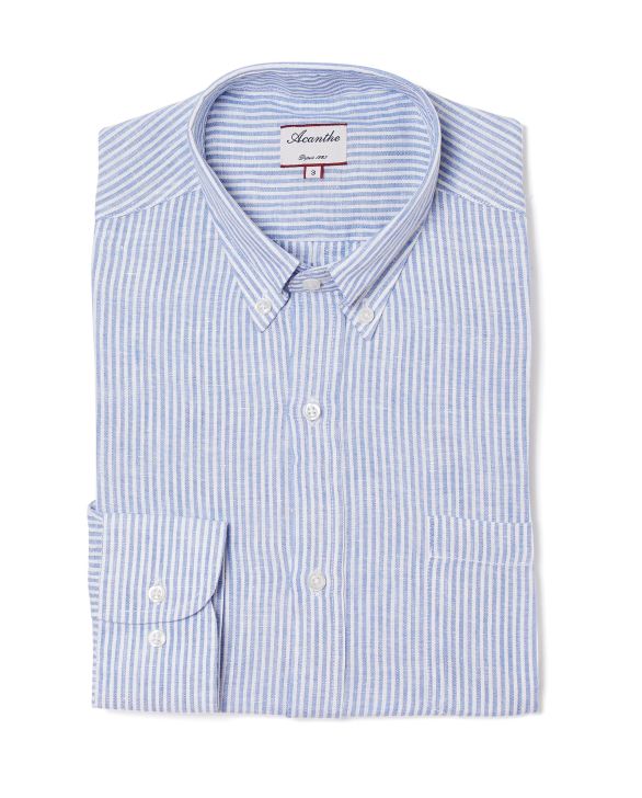 Chemise col boutonné lin rayé bleu