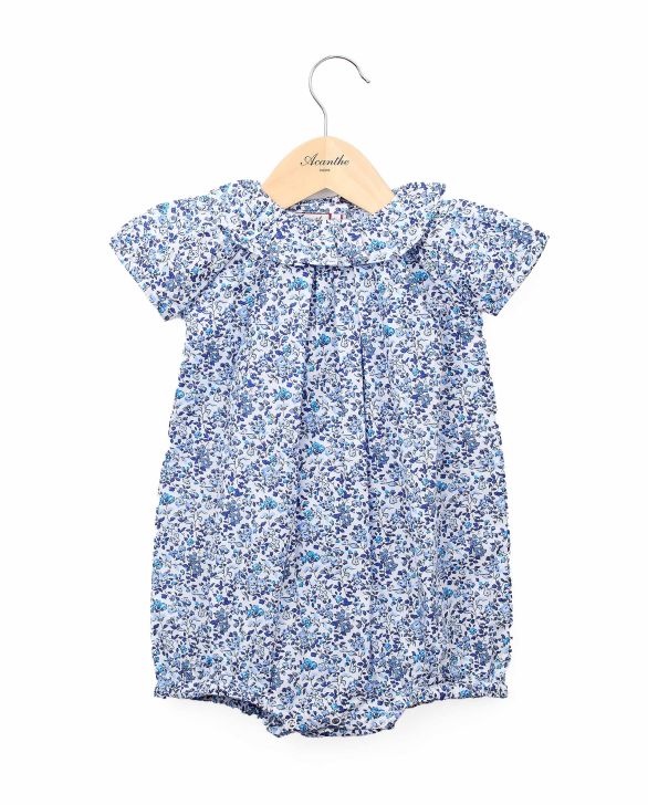 Barboteuse col volanté imprimé fleur bleue