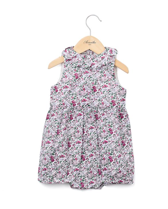 Barboteuse sans manches col pétale imprimé fleur rose