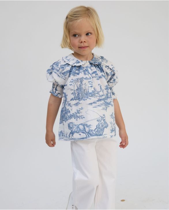 Blouse col rond manches smockées imprimé TOILE DE JOUY