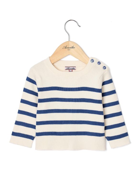 Pull col rond rayé coton écru/marine