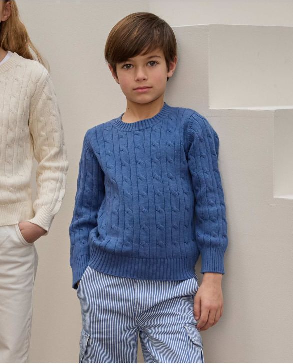 Pull torsades coton bleu