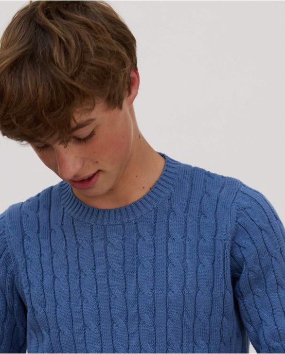 Pull torsades coton bleu