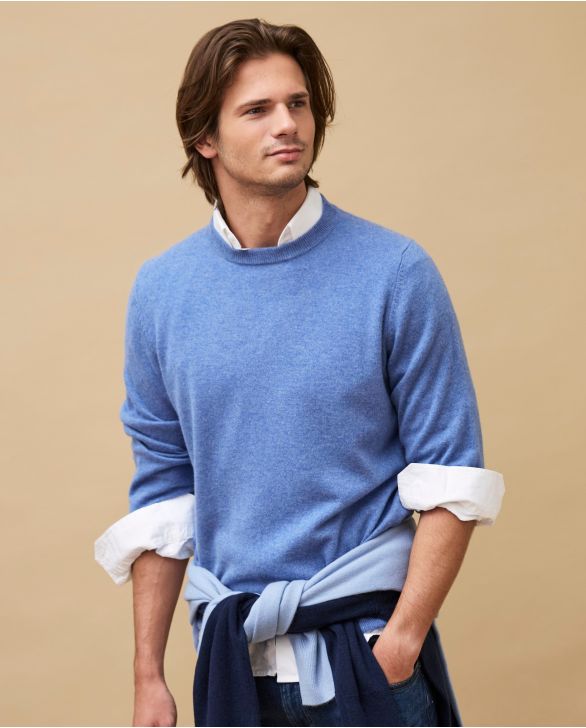 Pull col rond bleu jean 100% cachemire