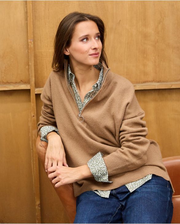 Pull col zippé loose camel 100% lambswool