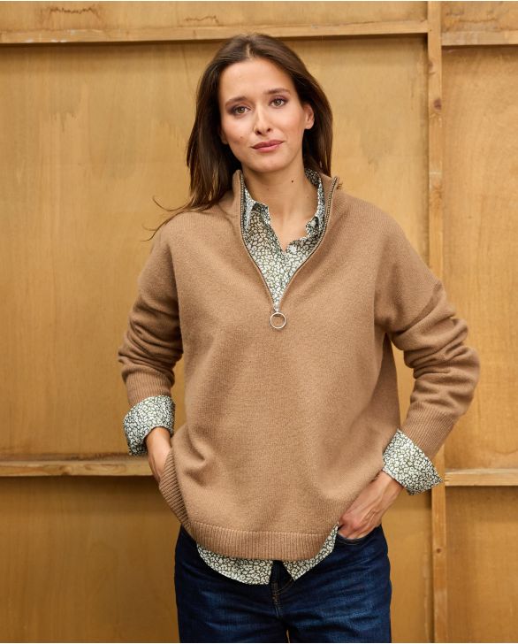 Pull col zippé loose camel 100% lambswool