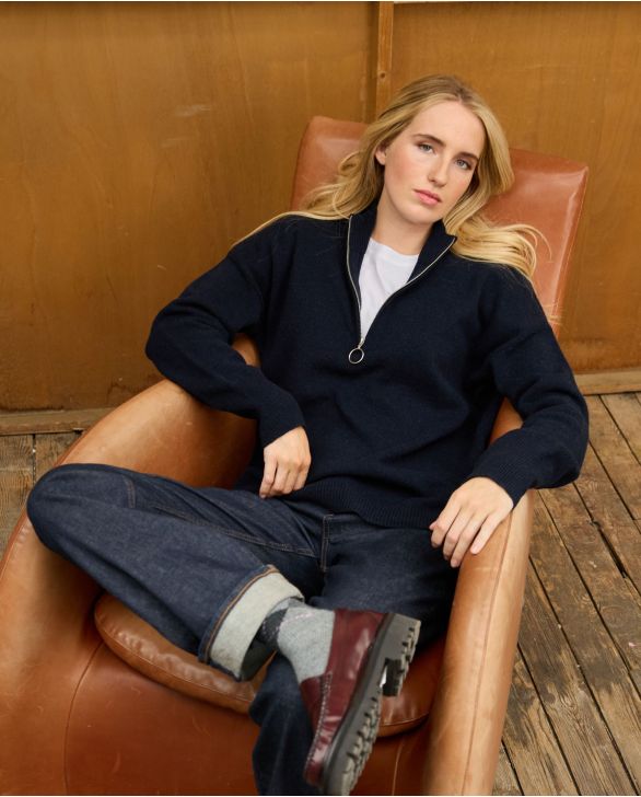 Pull col zippé loose marine 100% lambswool